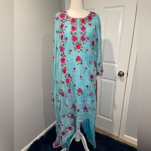 Blue Pakistani Suit with pink flowers